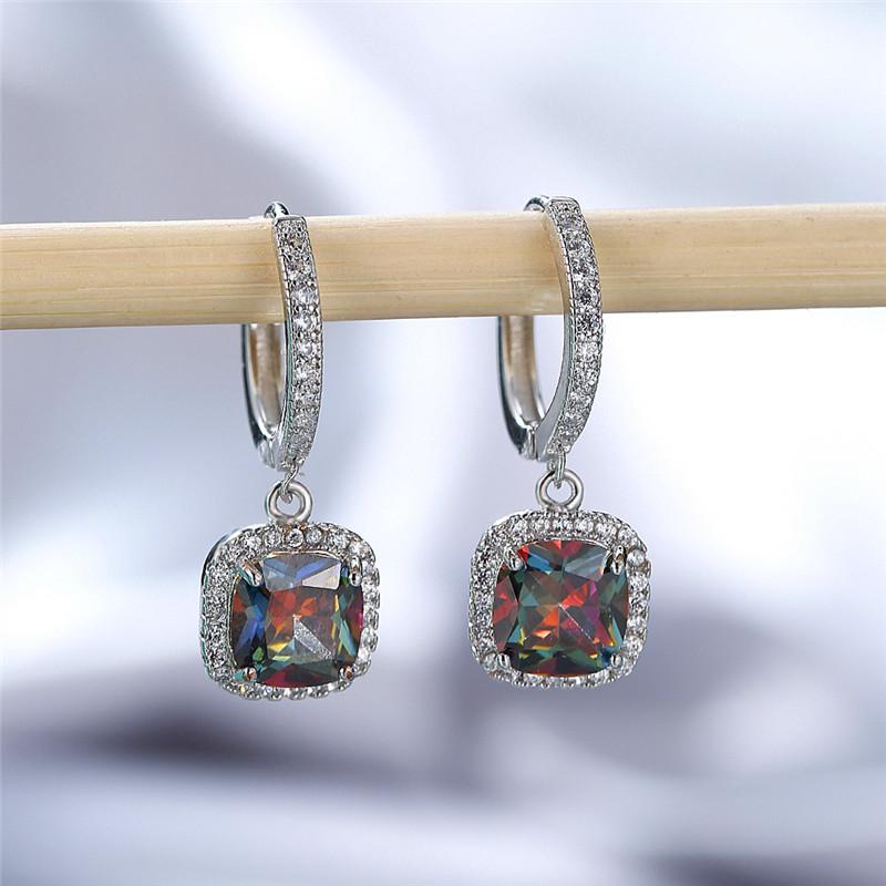 Dainty Female Rainbow Crystal Drop Rose Gold Silver Color Hoop Earrings Charm Bridal Square Wedding Jewelry For Women