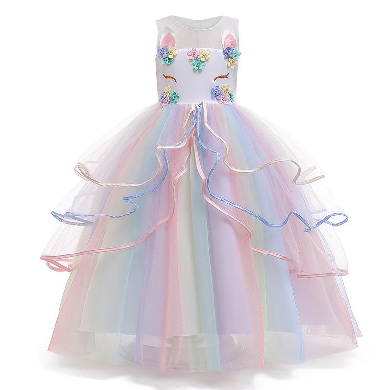 Girl's Long Unicorn Rainbow Wedding Party Dress Girl's Birthday Party Unicorn Character Dance Performance Dress Three Piece Set