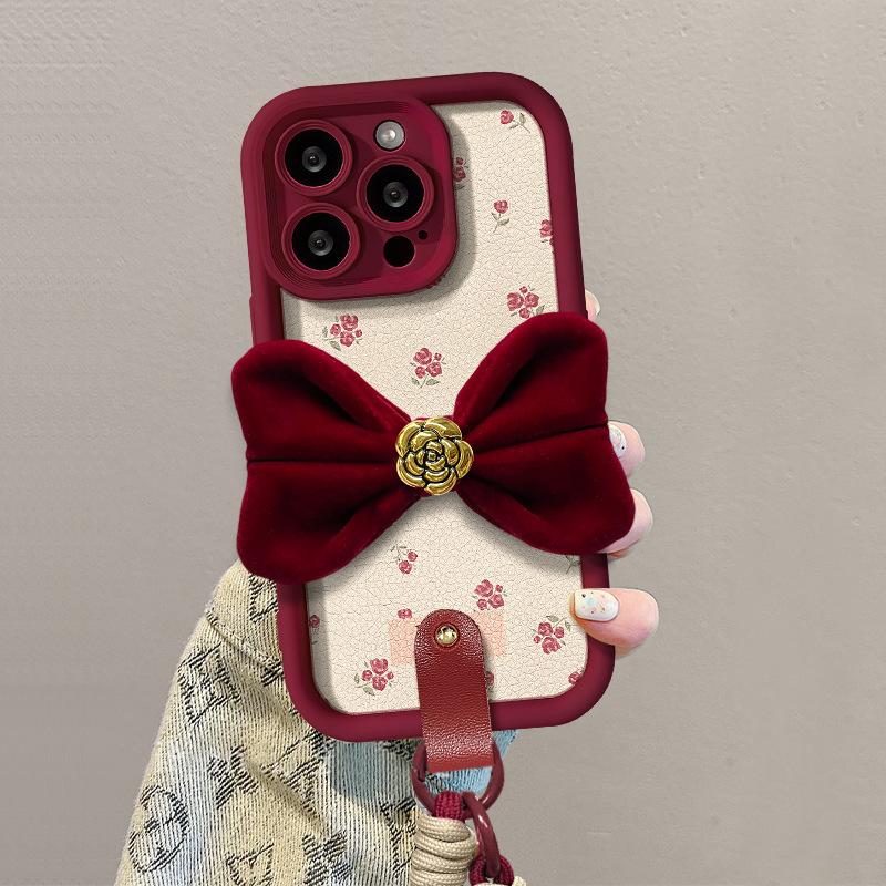 Camellia Bow Tie Is Suitable for Apple 16PRO Phone Case 15, Floral Lambskin 14, Silicone Anti-drop 7/8