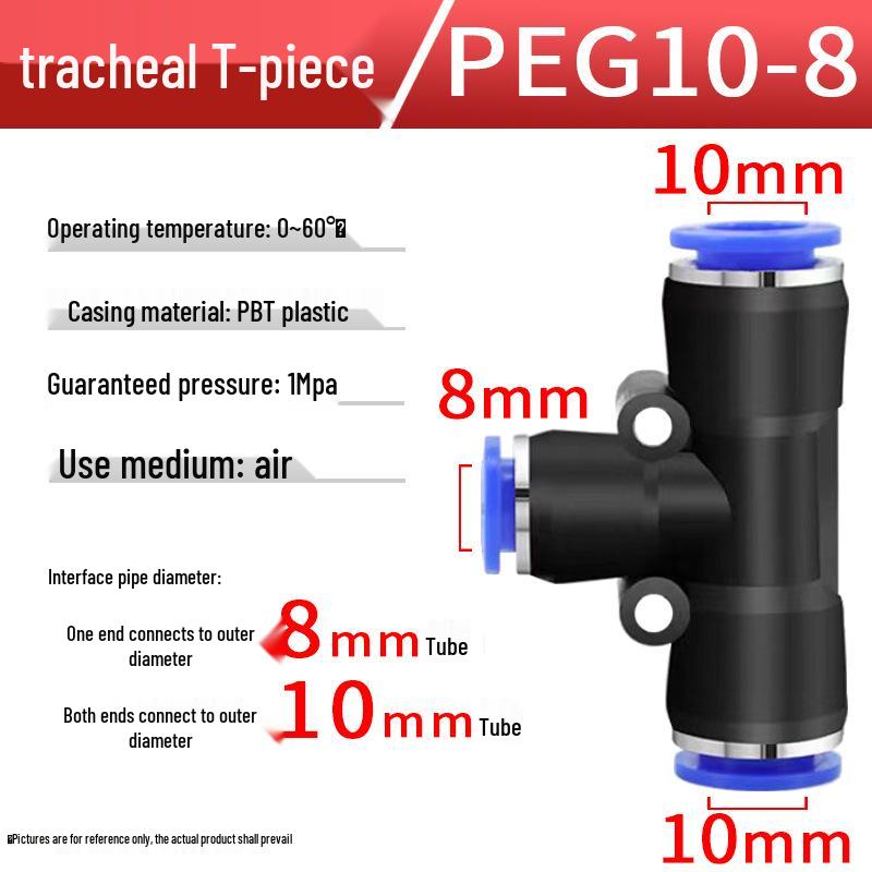 Pneumatic Air Tube Quick Connector PE8 Straight Tee with Reducing Blue Cap PEG8-6/10.