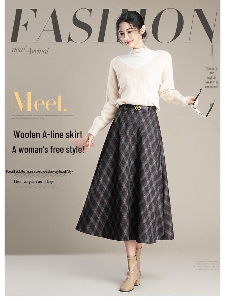 Women's High-Waist Woolen Plaid A-Line Skirt - Autumn/Winter 2025 Collection
