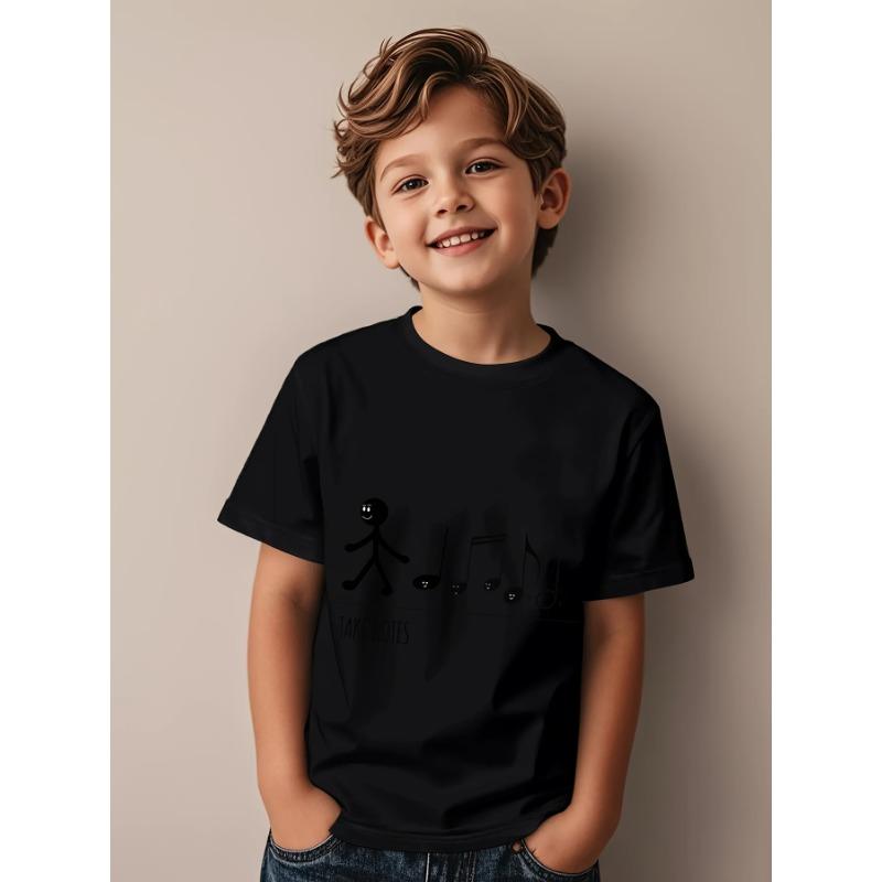 

European Size Childrens Round-neck Short-sleeved T-shirt with Stick Figure and Musical Character Pattern Print 98cm чёрный