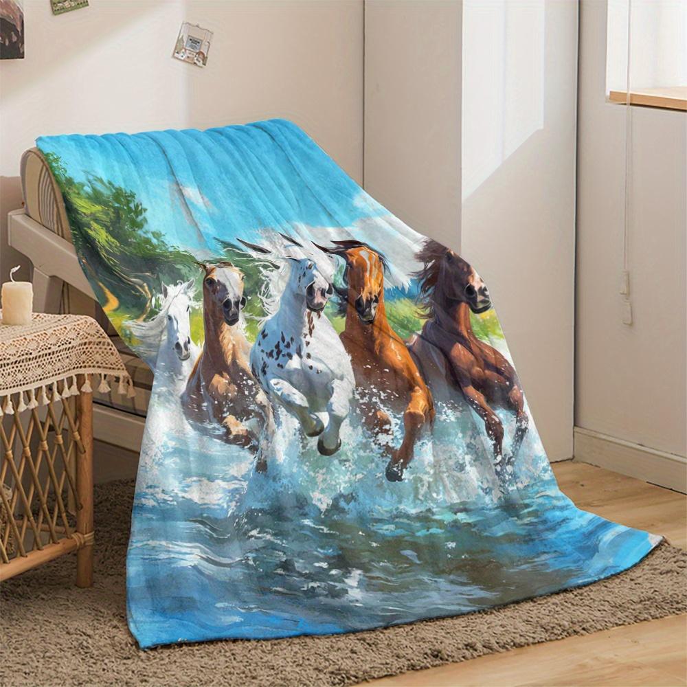 Running Horses Art Digital Print Throw Blanket, Soft Lightweight Warm Bedding Blankets for Bed Sofa Couch Office Travel, 1PC