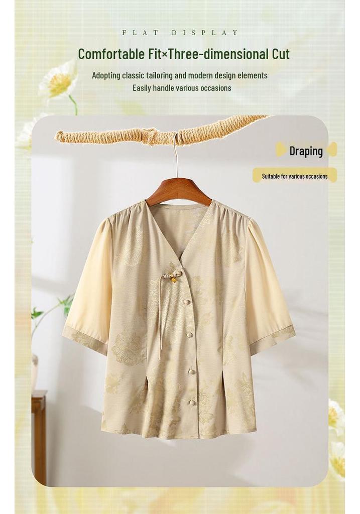 Elegante Top in Seta per Donne Petite di Mezza Età - Stile Cinese, Camicia Estiva a Maniche Corte in Seta di Gelso