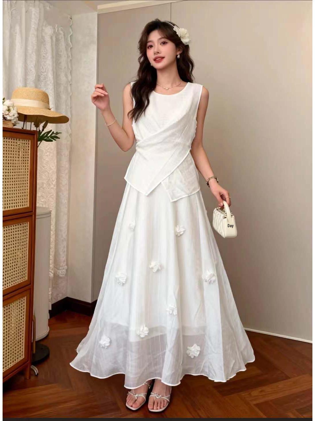 Korean Floral Tulip Sleeveless Slimming Dress with Tie-Up - Summer 2025 New Style One Size