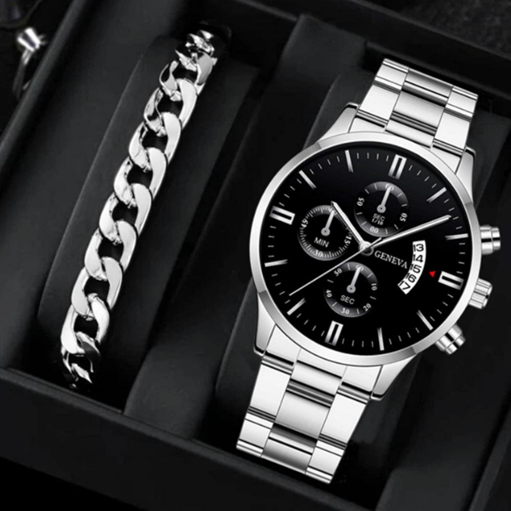 

Business Men s Watch Calendar Watch Men s Steel Belt Watch Business Bracelet Set Watch large price.