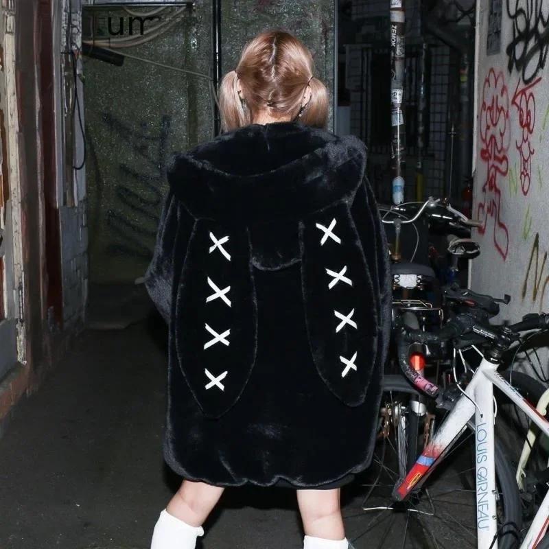 2026 Winterbekleidung Damenjacken Harajuku Hasenohren Punk Schwarz Mäntel Verdickt Pelzig Reißverschluss Übergroß Y2k Oberteile Ropa Mujer