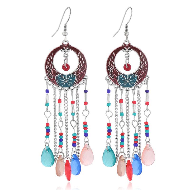 Bohemian long fringed earrings retro medium enamel color beaded niche design earrings women