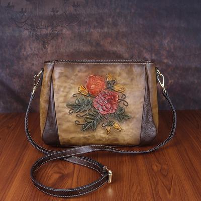 Flowers Embossing Shoulder Bags for Women Genuine Leather Crossbody Bag Vintage Design Phone Bag Purse