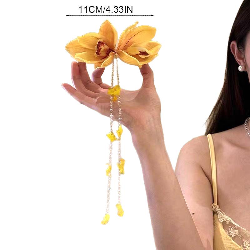 Yellow Fabric Flower Hairpins For Women Glass Beads Petal Tassel Spring Clips Sweet Romantic Barrettes Holiday Hair Accessories