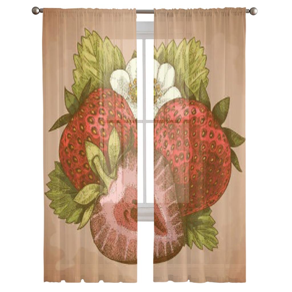 Cortinas transparentes estilo retrô com estampa de morangos antigos para sala de estar, cortina de tule transparente para janela, cortina para quarto e cozinha.