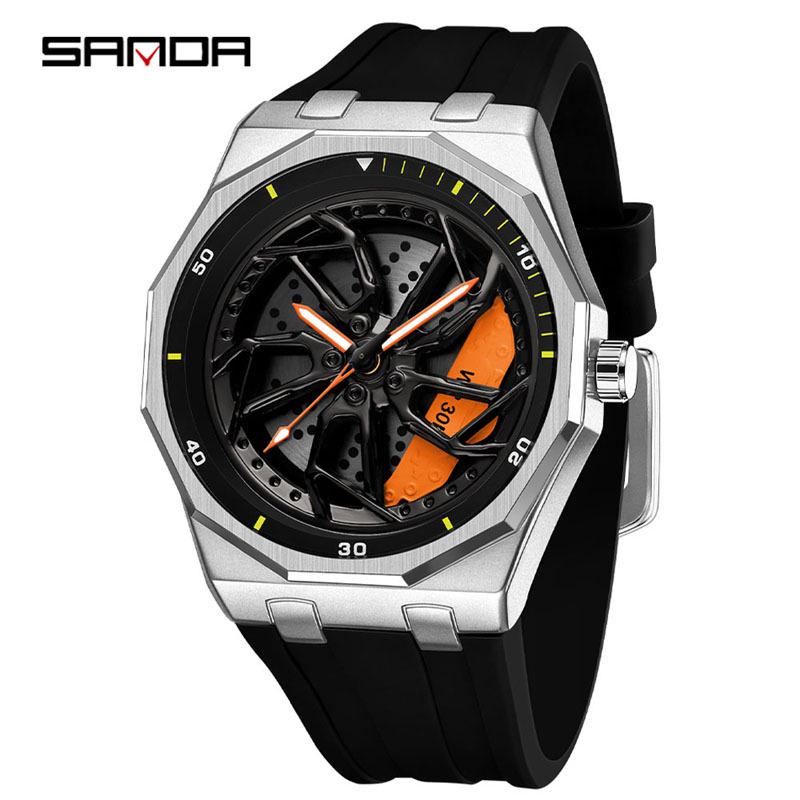 SANDA Men's Waterproof Luminous Polygonal Quartz Watch with 3D Rotating Dial and Silicone Band