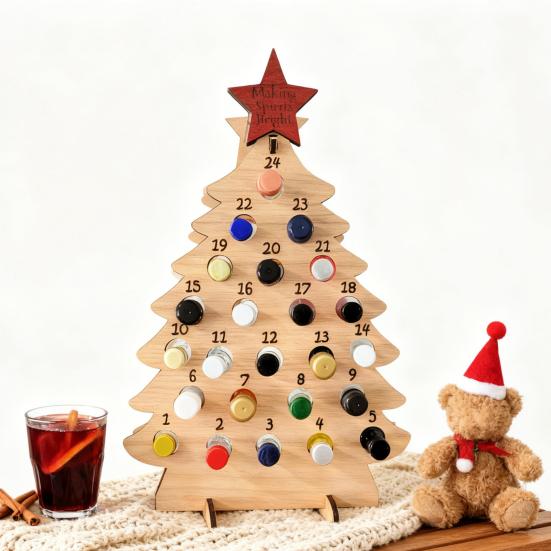 Yousheng Wooden Christmas Tree Wine Rack 24 Days Advent Calendar Wine Bottle Holder Adult Christmas Tree Countdown Decoration for Countertop Bar Decor