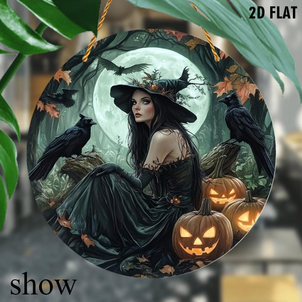 2D Flat Acrylic Vintage Witch Halloween Wall Decor - Window Pendant with Raven and Pumpkin Design, Home Garden Party Decor, for Halloween Christmas
