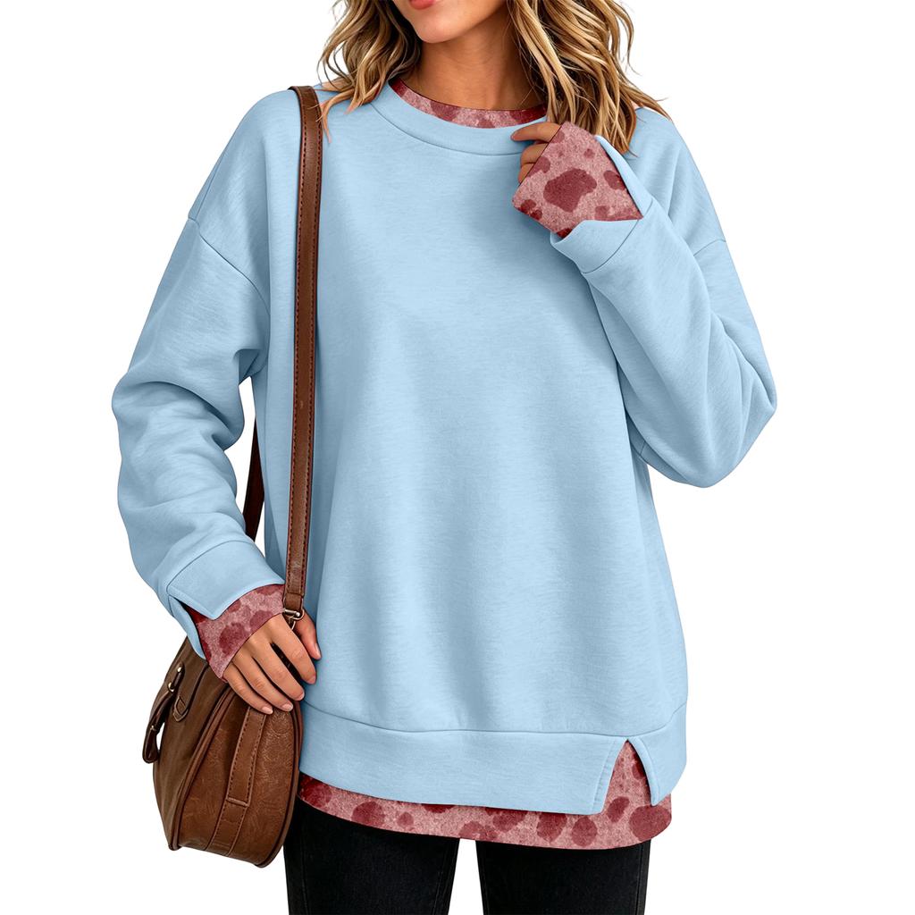 Women's Casual Leopard Print Pullover Top with Two-Piece Design, Long Sleeve Neck