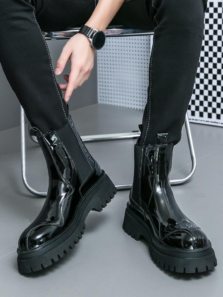 Men’s Chelsea Thick Sole Platform Punk Green Leather Boots Elevator Street Style Big Head Motorcycle Boots High Boots Plus Size