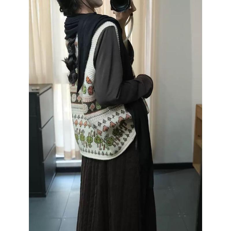 DIMANAF 2025 Automne Femmes Sans Manches Imprimé Boutons Gilet Pulls Style Tricot Décontracté Ample Pull