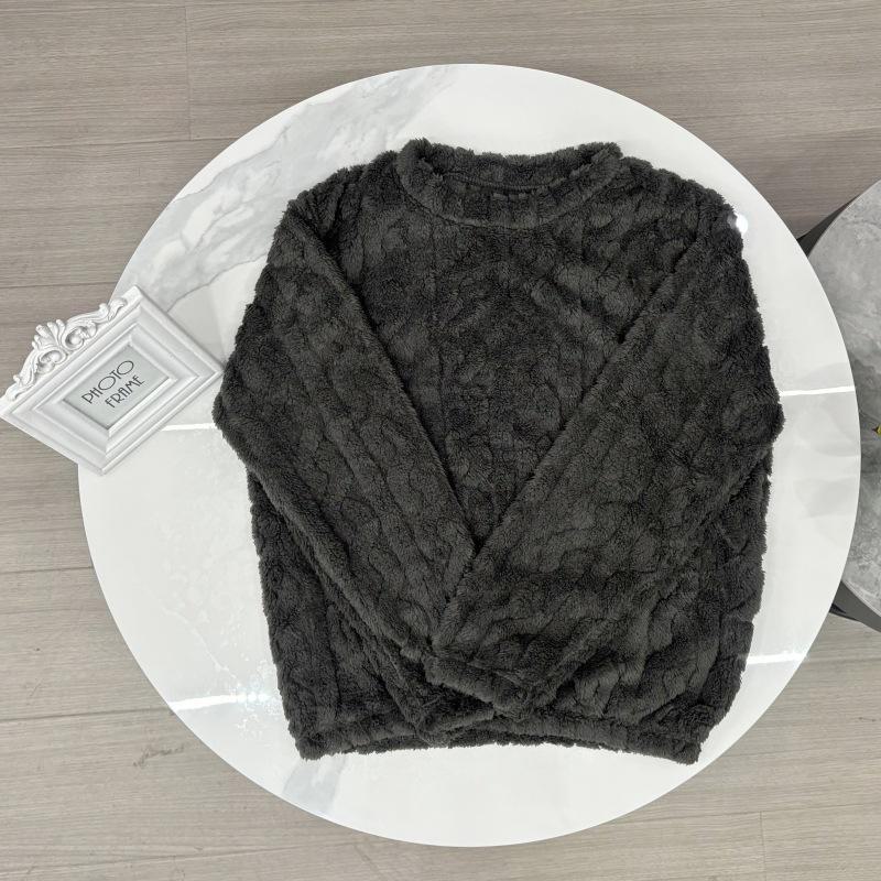 Damen Kuscheliger Korallenfleece Pyjama: Dicker warmer Samt, Unifarben, Rundhalsausschnitt, Große Größen für Herbst und Winter.