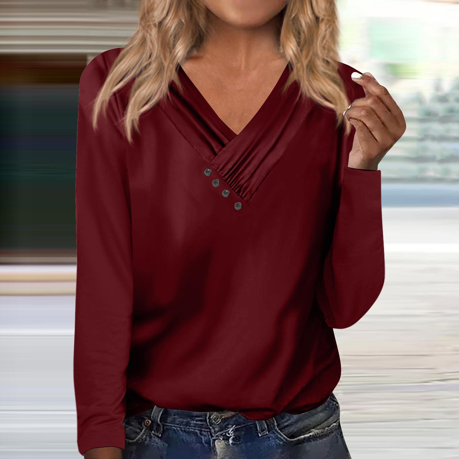 

Женские рубашки, нарядные повседневные сексуальные модные плиссированные футболки с v-образным вырезом, модная одежда на пуговицах, туники, футболки, пуловеры XL винный