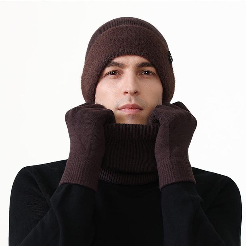 Winter Men's Knitted Hat Scarf Gloves Warm-Keeping Kit Large-Head Velvet Thick Wool Hat