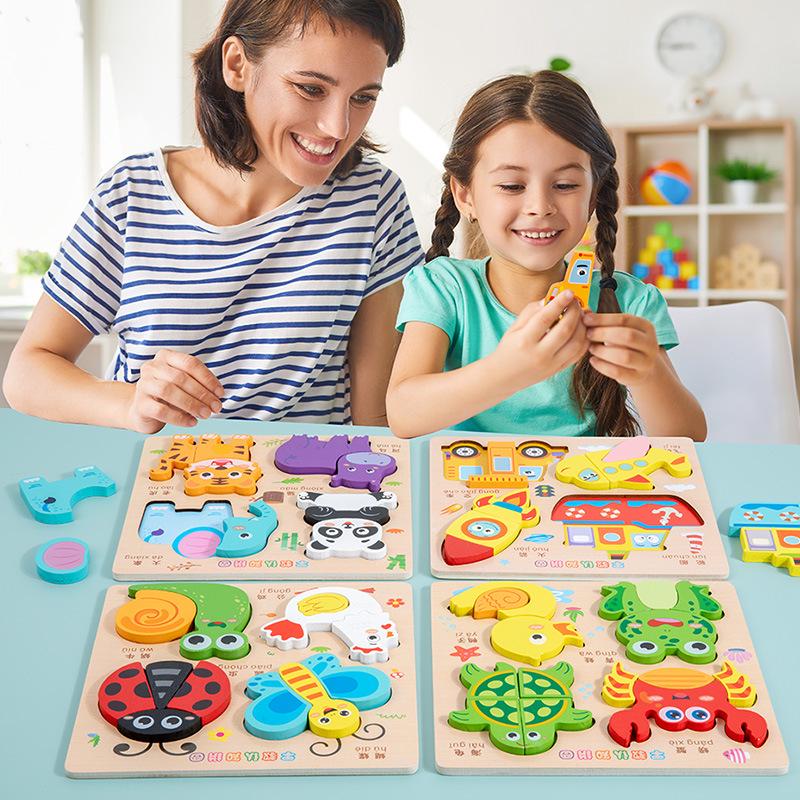 3D Wooden Puzzle Educational Toys for Ages 4-6: Animal & Transportation Shape Matching Blocks.