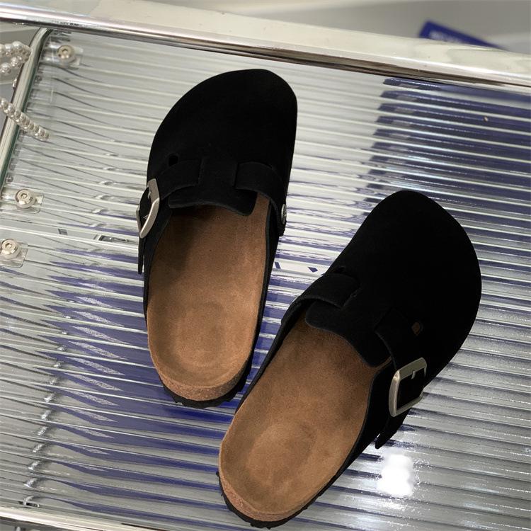 Boken Women's 2025 Autumn Genuine Leather Cork Bottom Suede Closed-Toe Mule Slippers