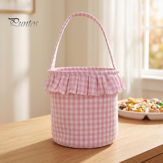 Easter Egg Hunt Carriers Halloween Basket, Plaid Ruffle Trick or Treat Candy Bucket with Handle Celebration Accessories for Kids, Reusable Gingham