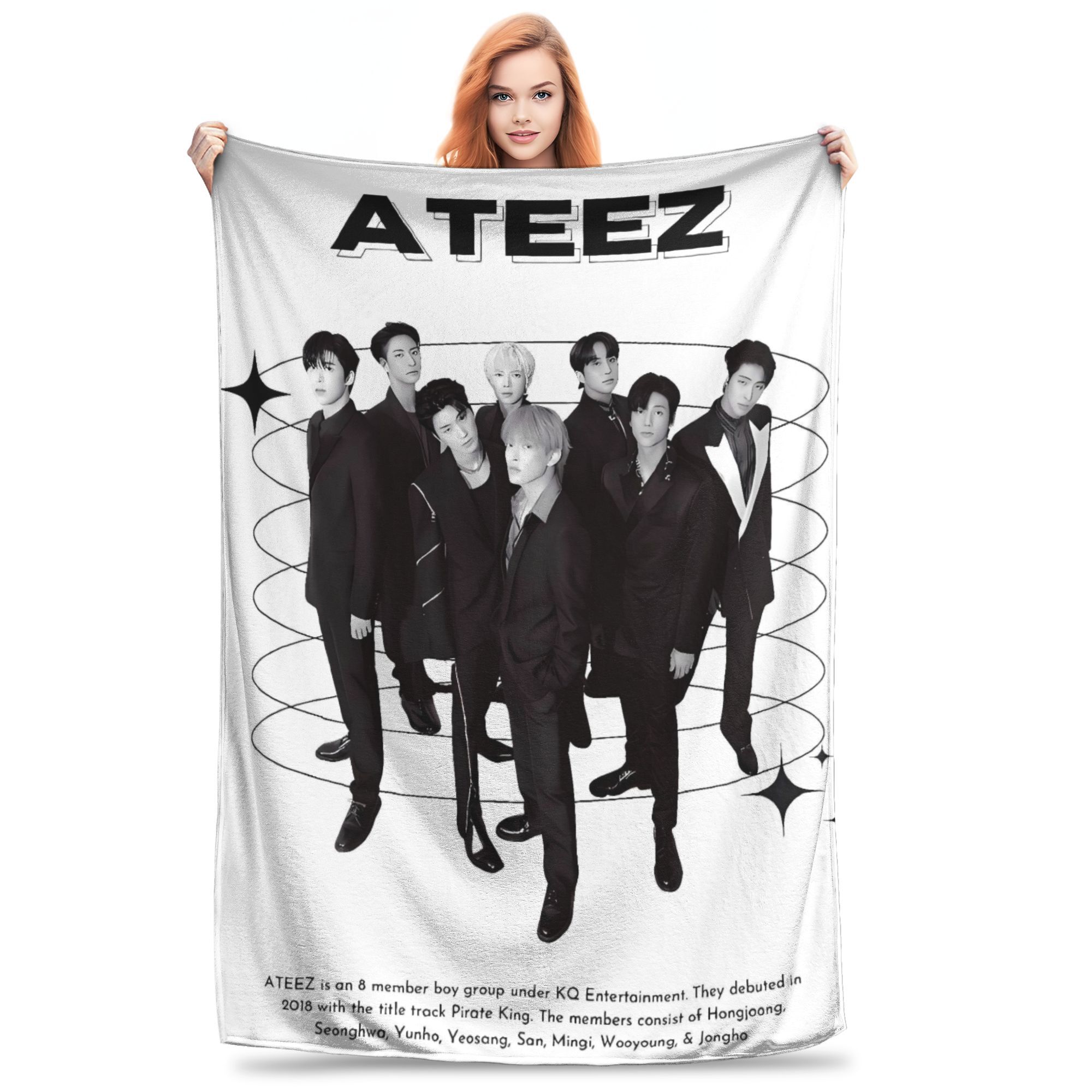 Kpop Ateez Band Plüschdecke Kinder Flanell Überwurfdecke für Sofa Bett Warm Weich Design Qualität Tagesdecke Geschenkidee Size: 75*100cm, Weight: 230 GSM