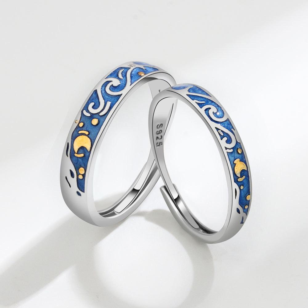 Anelli Aperti Coppia Notte Stellata Van Gogh Minimalisti alla Moda Personalizzati Raffinati alla Moda Fedine Abbinate