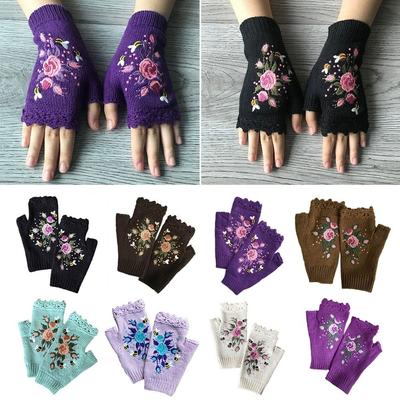 Floral Bee Embroidery Fingerless Gloves Keep Warm Flower Mittens Fashion Half Finger Gloves  Winter