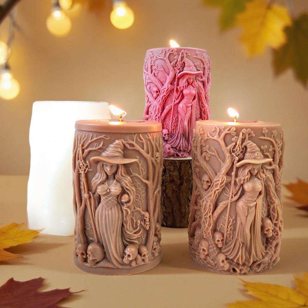 3D Relief Häxkalle Cylinder Silikon Ljusform Halloween Aromljus Gips Hartsform DIY Ljusgjutningsmaterial
