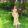 Yellow Printed Suspender Dress Women's Summer French Ruffle Edge Small Flying Sleeve Skirt Waist Temperament Fairy Long Dress
