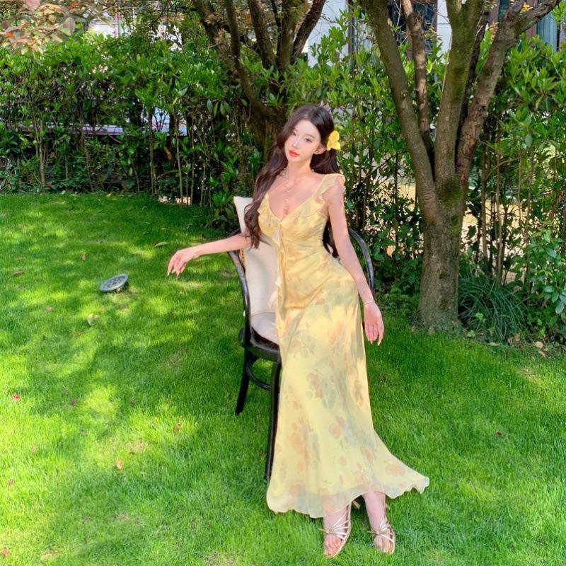 Yellow Printed Suspender Dress Women's Summer French Ruffle Edge Small Flying Sleeve Skirt Waist Temperament Fairy Long Dress