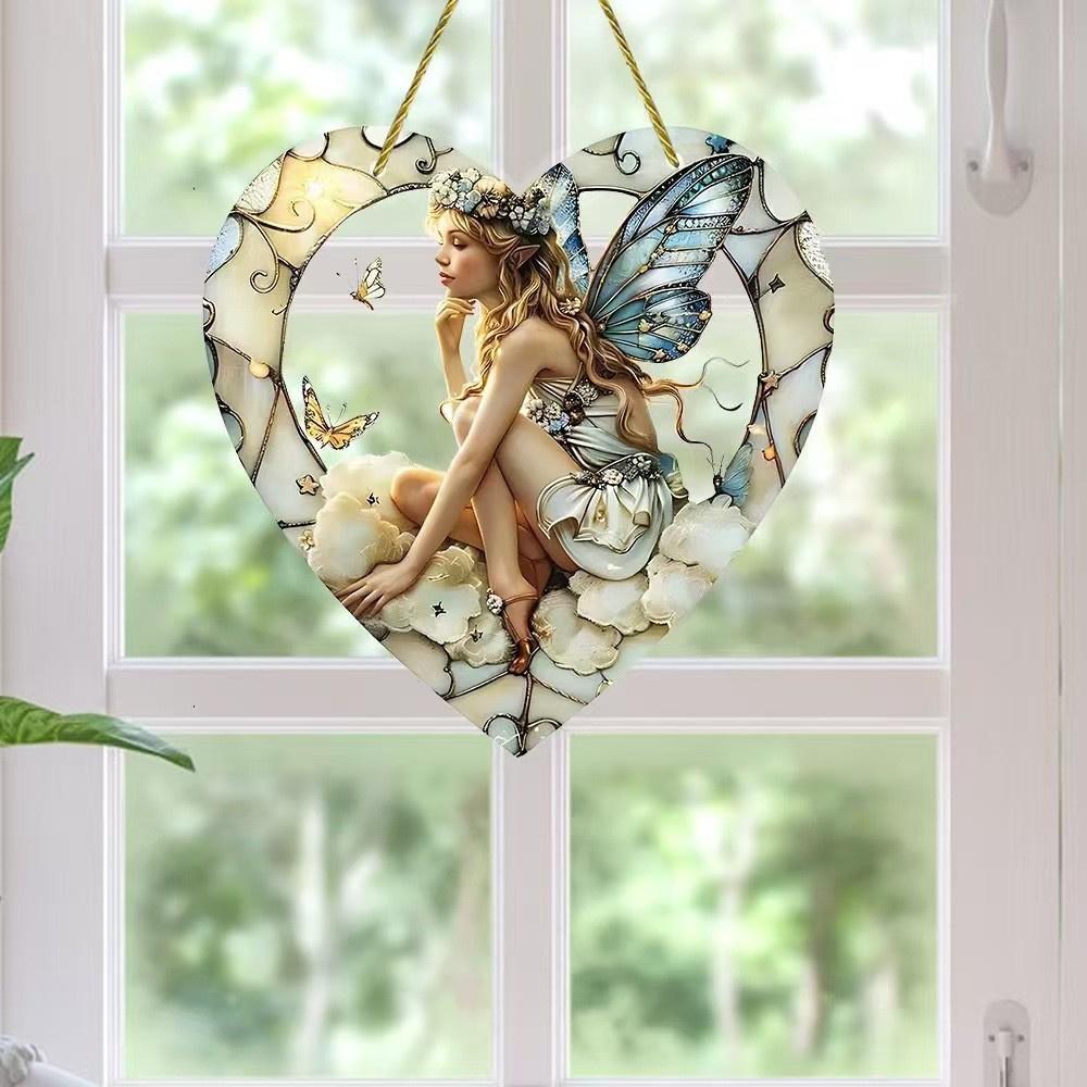 New Colorful Fairy Angel Art Flower Suncatcher Stained Window Hanging Heart Shape Acrylic Pendant For Home Garden Yard Ornament