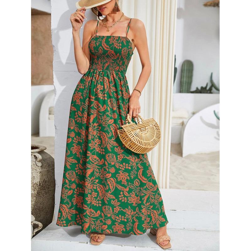Women Floral Print Strapless Maxi Dress Elastic Waist Casual  Bohemian Summer Beach Dress S
