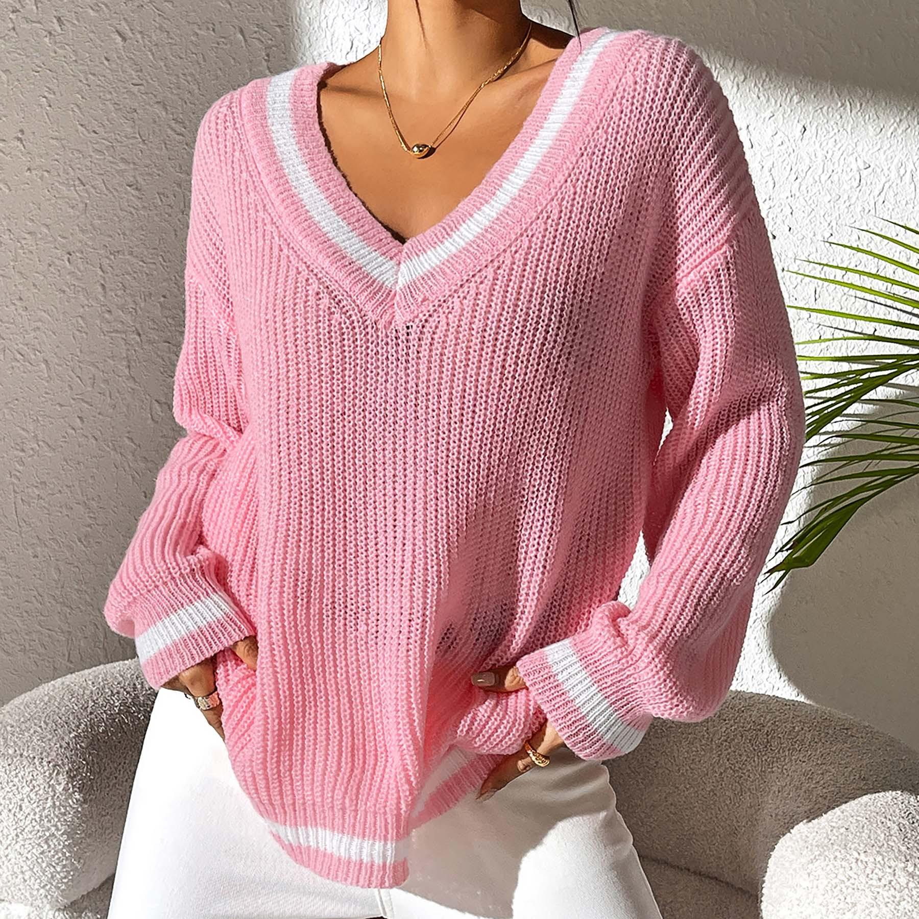 

Women s Clothing, College Style, Women s Sweaters, Contrasting Colors, V-neck Loose Sweaters, Casual and Lazy Style, Versatile Women s Clothing S розовый