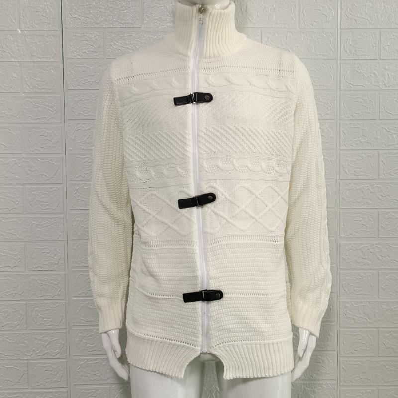 2026 Autumn/Winter Men's Plus Size High Neck Sweater Cardigan with Leather Buckle - European & American Style Long Sleeve Knit Coat