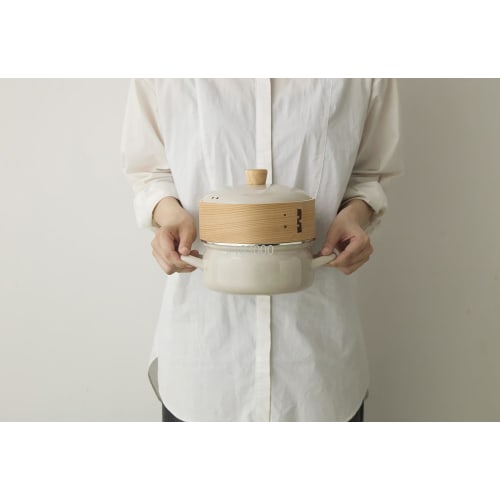 Fuji Enamel Pot with Steamer, 18cm, Greige, SER-18W.GG