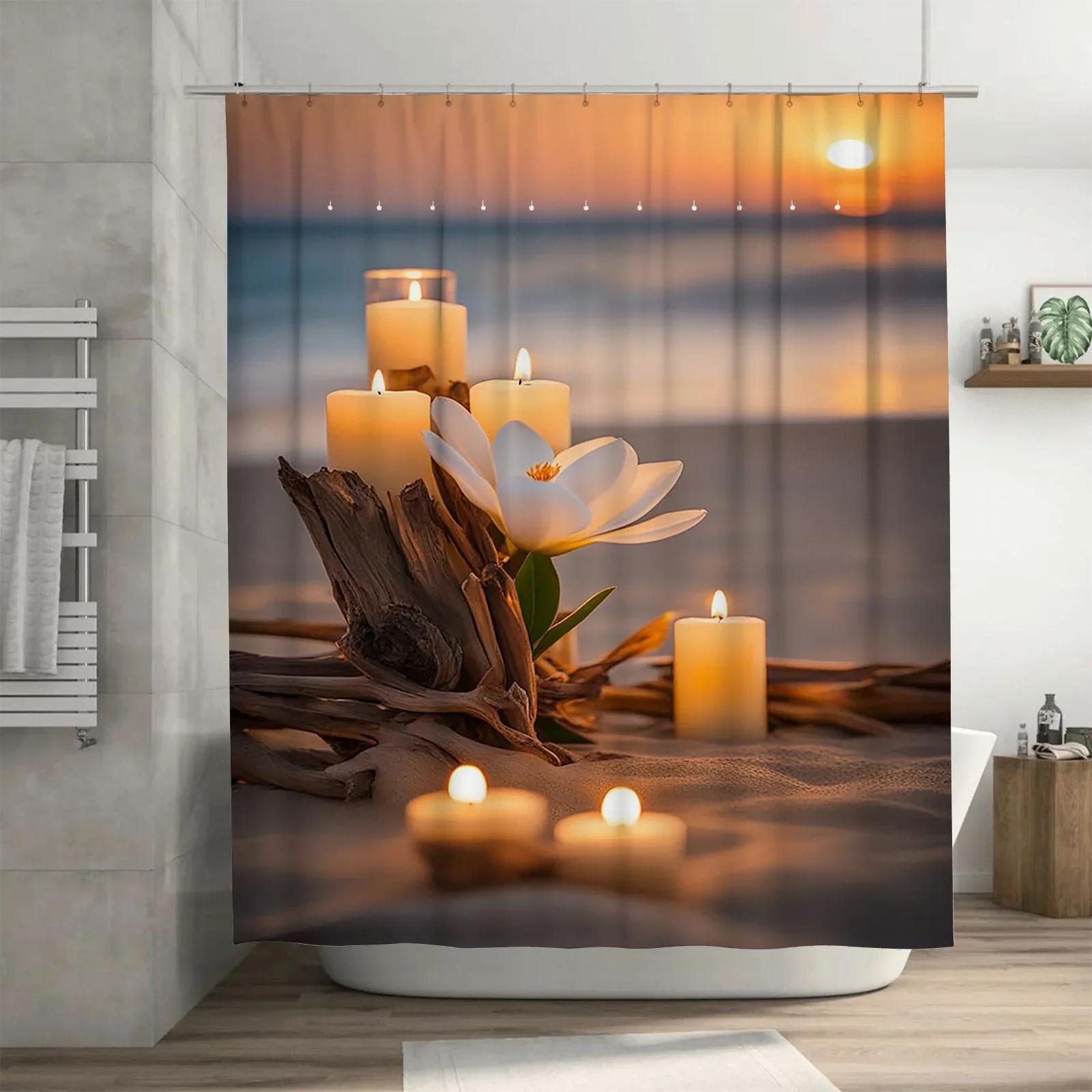 

Sunset Beach Candles Waterproof Shower Curtain Heat Resistant Machine Washable Non-Transparent 180X180Cm W60H190(CM)-1 Pcs