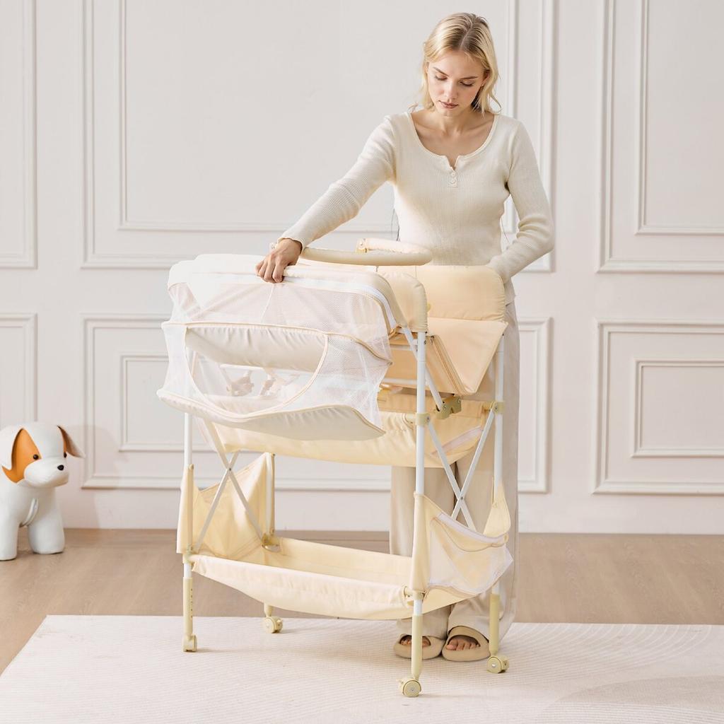Foldable Baby Changing Diaper Station with Side Basket & Hanging Rod Beige