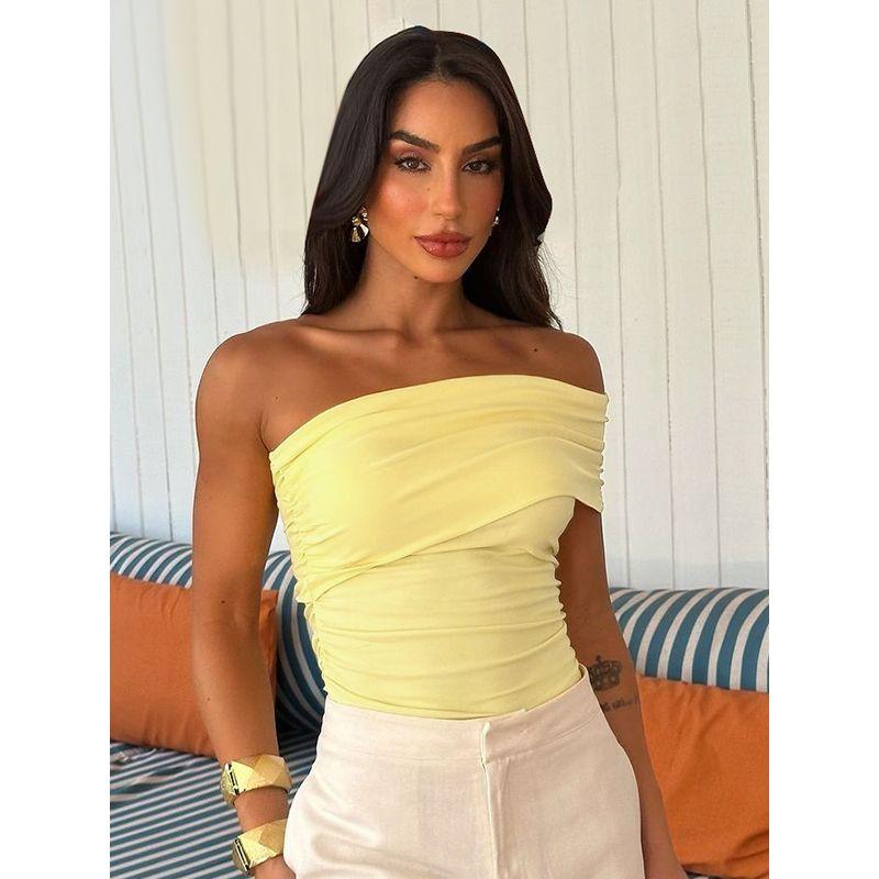 Shemoda Stylish Asymmetric Shoulder Diagonal Collar Pure Color T-shirt Female Sexy Sexy Pleated High Waist Silm Tops
