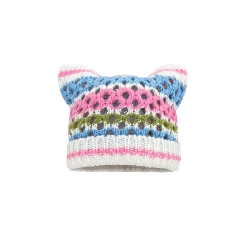 Playful Ear Cat Hand Knitted Beanie Hat For Women Charming Striped Design Perfect For Autumn And Fashion Winter