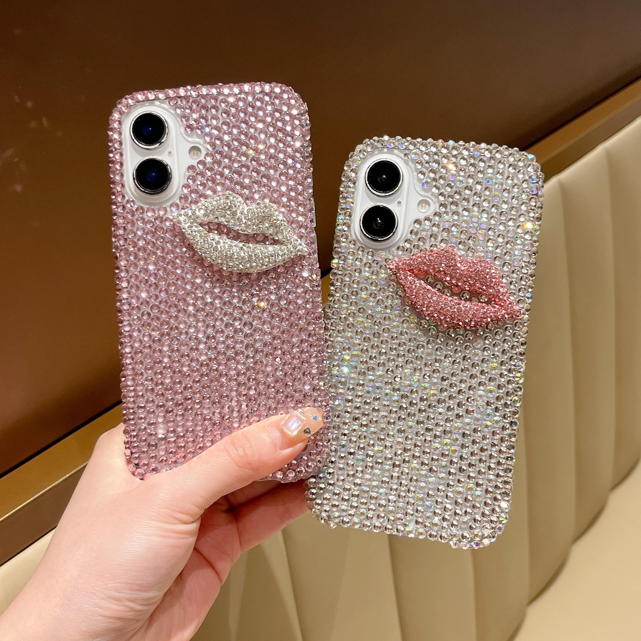 

For iPhone 16 Plus Case Full Rhinestone Lip Decor TPU+PC Phone Back Cover White