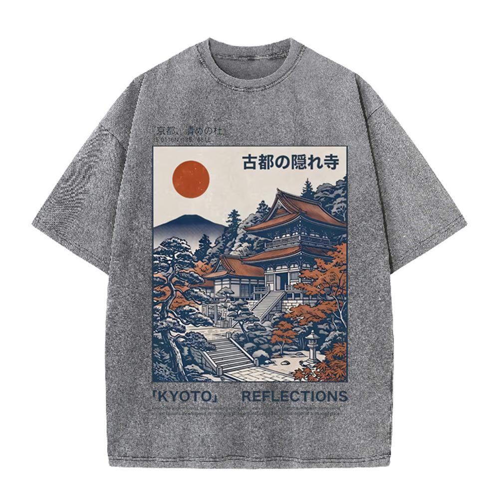 2026 Vintage Washed Beige Tokyo Shibuya City Street Graphic T Shirt Japanese Retro Urban Landscape Print Oversized Casual Short