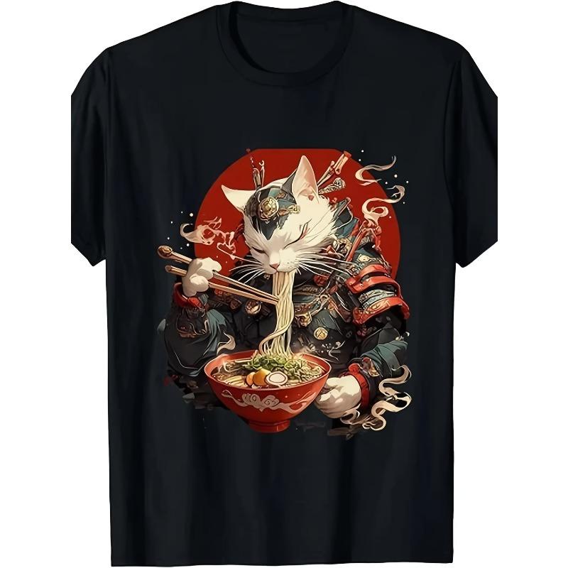

Европейский размер Японская Укиё-э Аниме Кот-Самурай и Ниндзя Футболка - Ретро Манга Миска для Рамена Принт, Футболка с Круглым Вырезом для Мужчин S чёрный