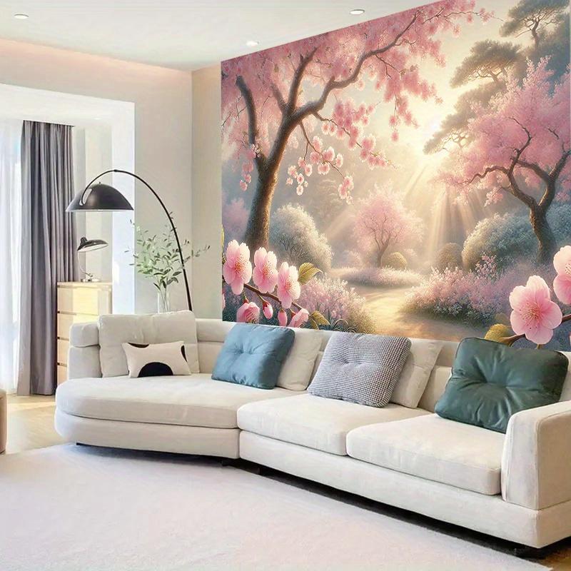 Cherry Blossom Tapestry  Serene Spring Landscape with Sunlight for Home Decor Ideal Wall Art for Living Room or Bedroom