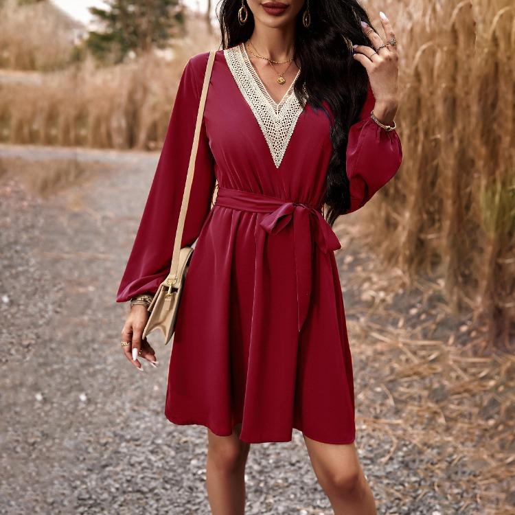 Elegant Women High Waist V Neck Lace Dress Long Sleeve Solid Fashion Mid Length Spring Autumn Dress