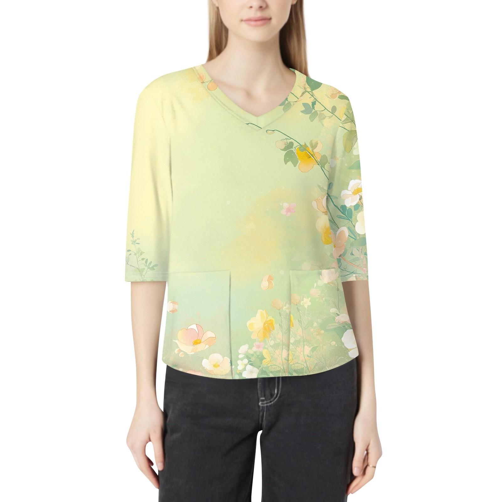 

Модная женская рабочая одежда с v-образным вырезом и рукавами 3/4, свободные топы с карманами и принтом L