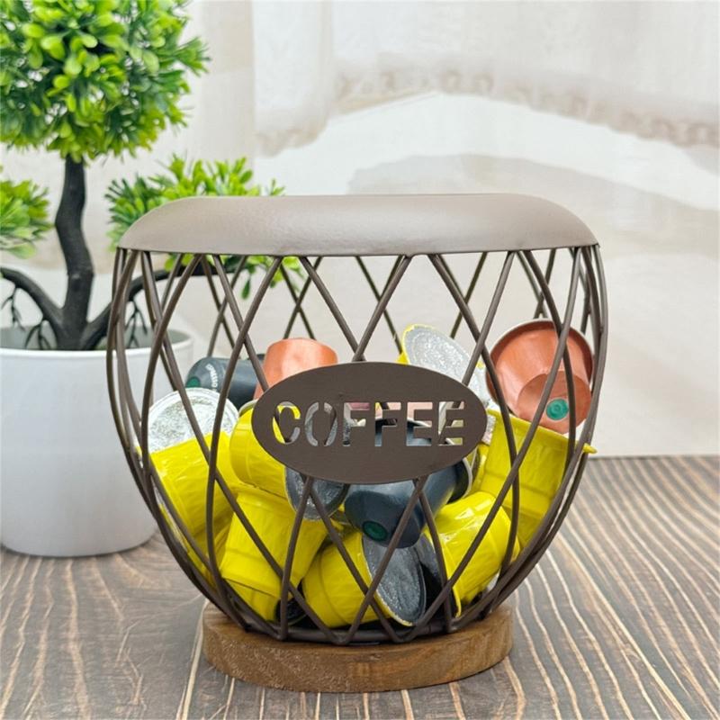 Artistic Iron Fruit Basket Inspired Coffee Pods Rack Open Structure Kitchen Office Storage Durable Metal Wood Materials