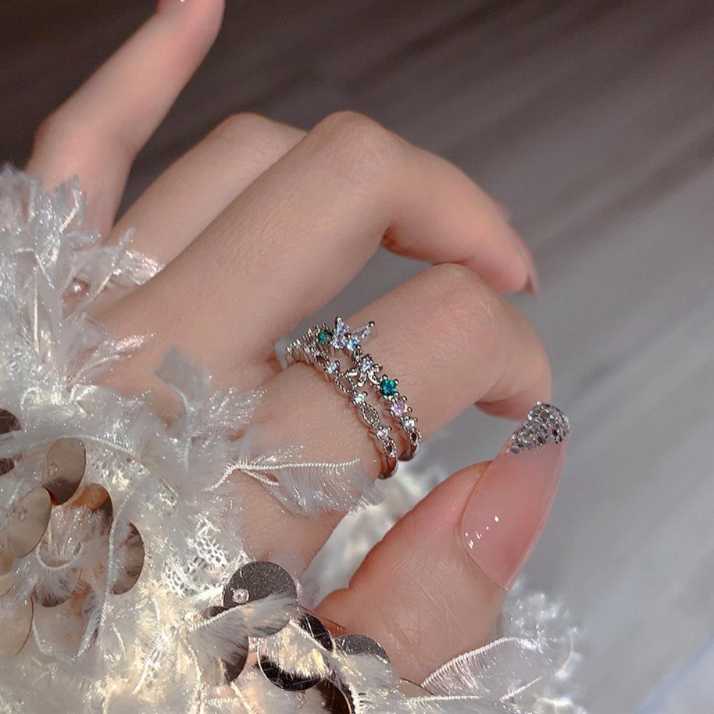 

French butterfly floral zircon double layer ring open ring index finger ring tide
